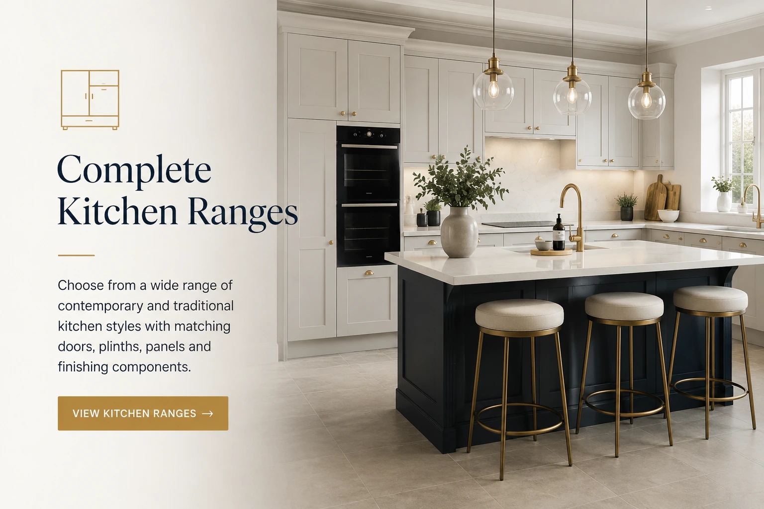 Luxury complete kitchen range with matching kitchen doors, plinths, panels and finishing components supplied by Budget Kitchens UK